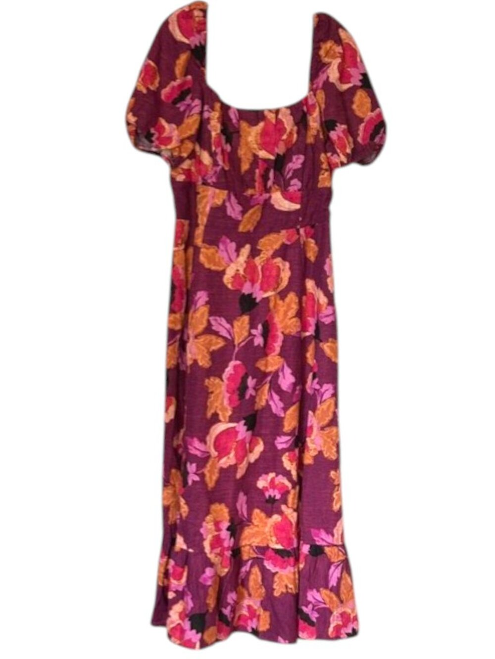 London Times Floral Puff Sleeve Bottom Ruffle Maxi Dress - Burgundy/Red - 16 - Picture 3 of 12